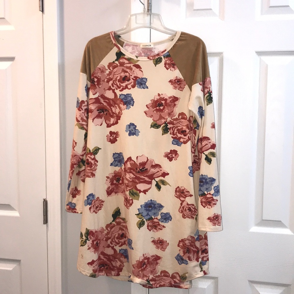 brand new floral dress with brown suede shoulders